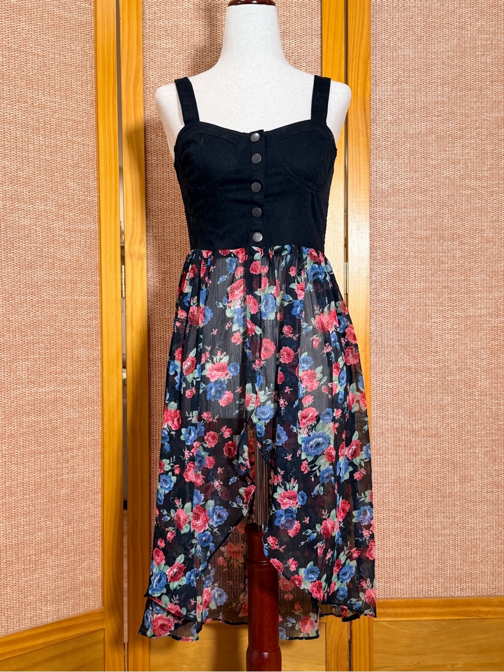 Forever 21 Black Bodice Floral High-Low Dress with Pink and Blue Flowers